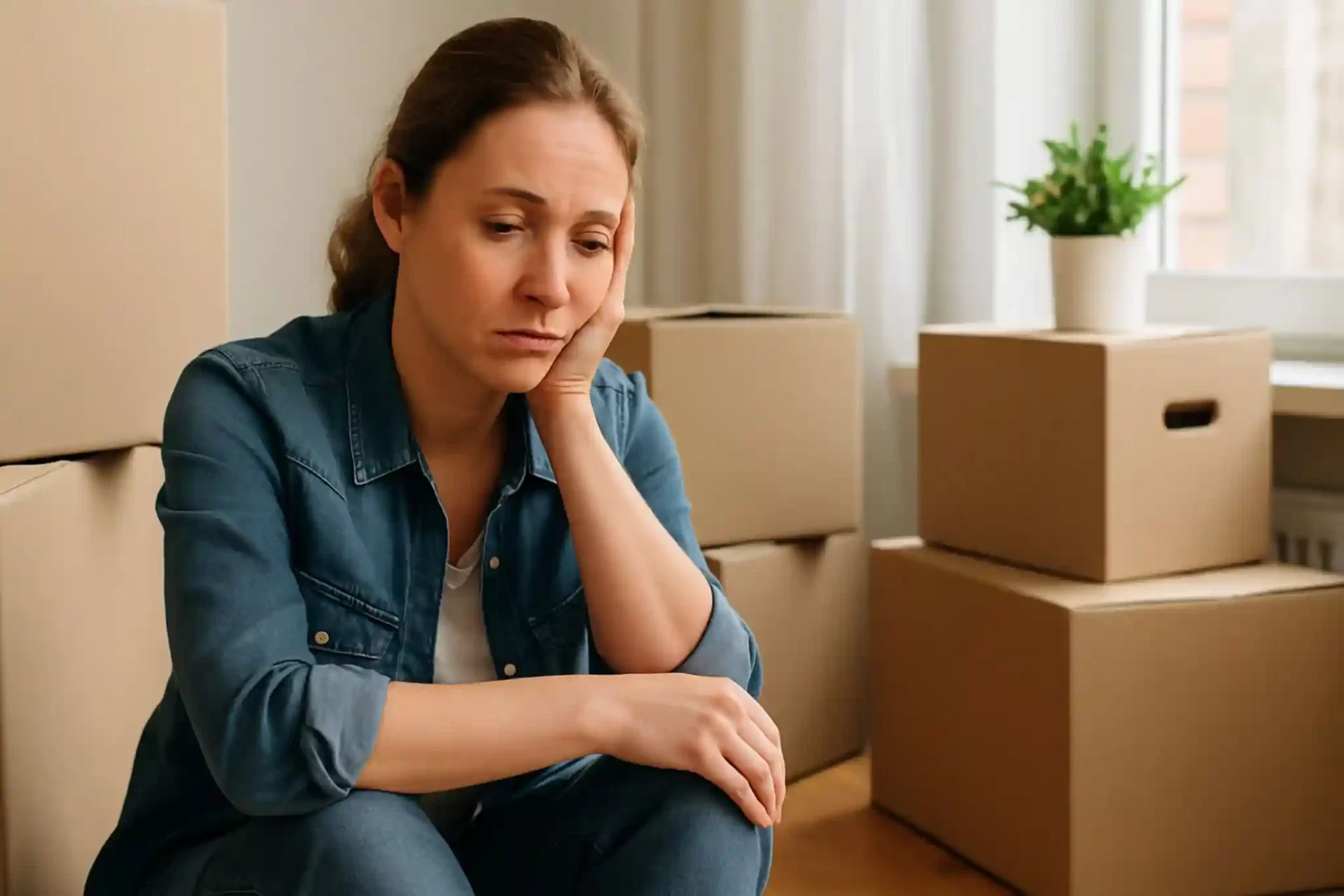 A woman sitting on the floor among cardboard boxes, reflecting the emotional toll and psychology of moving during a household relocation.