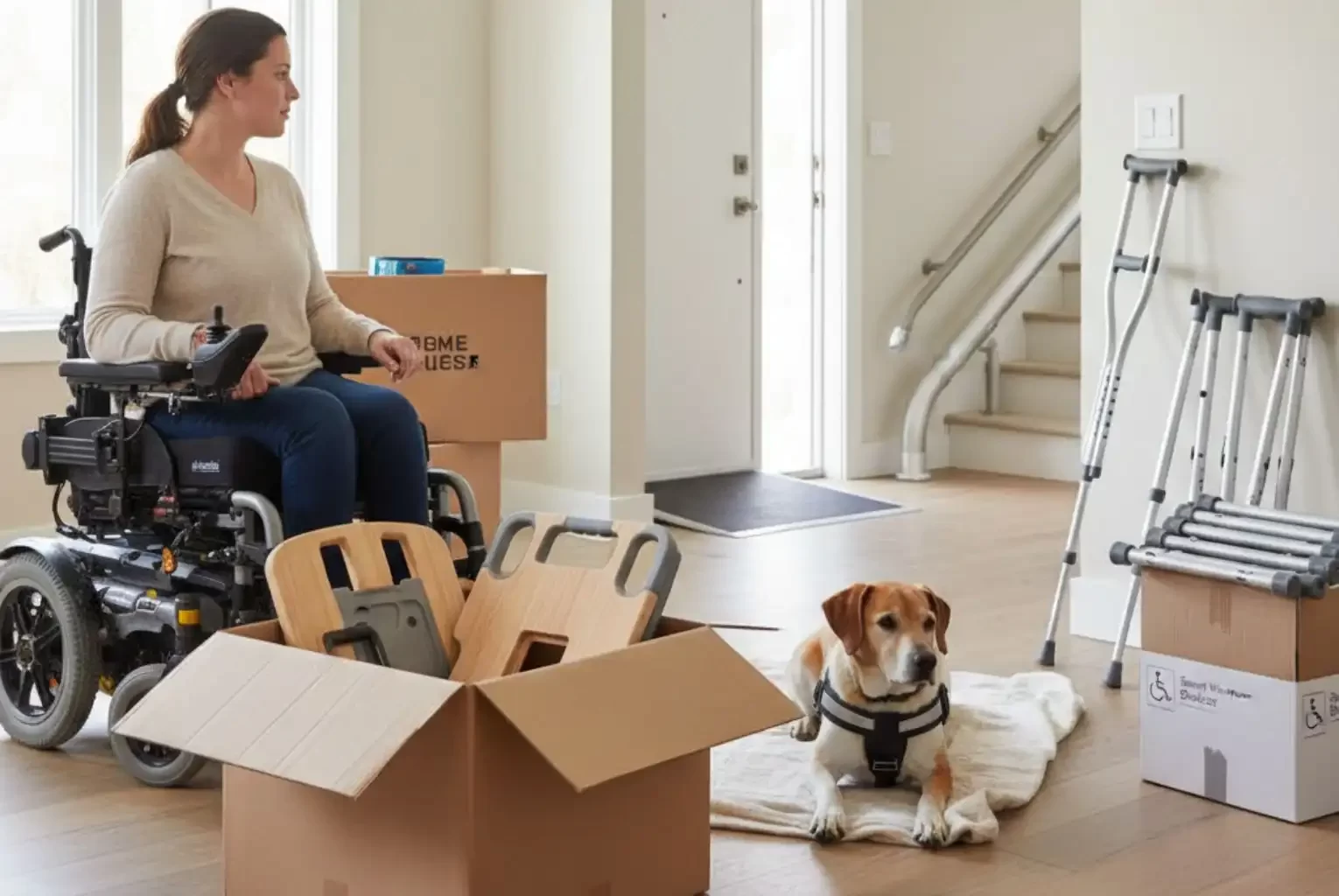 A woman in an electric wheelchair unpacks adaptive equipment like a transfer board in a new home, with her service dog and crutches nearby.