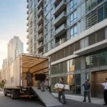 Moving truck with movers unloading boxes in front of a modern high-rise building