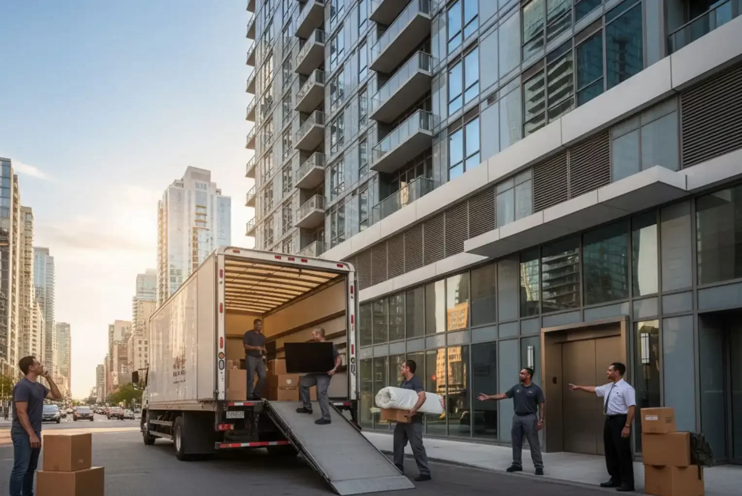 Moving truck with movers unloading boxes in front of a modern high-rise building
