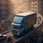 Moving truck navigating a busy elevated highway in a modern Indian mega city at sunset, symbolizing the challenge and smooth execution of mega city relocation.