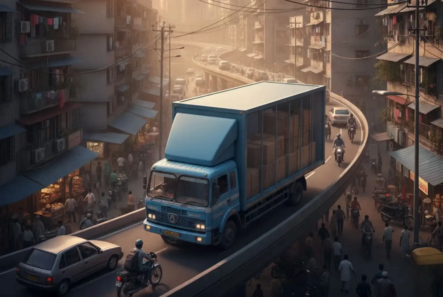 Moving truck navigating a busy elevated highway in a modern Indian mega city at sunset, symbolizing the challenge and smooth execution of mega city relocation.