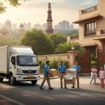 Professional movers unload a truck in a tree-lined Delhi street with a family watching, and iconic Delhi monuments like Qutub Minar in the background, symbolizing a smooth relocation.
