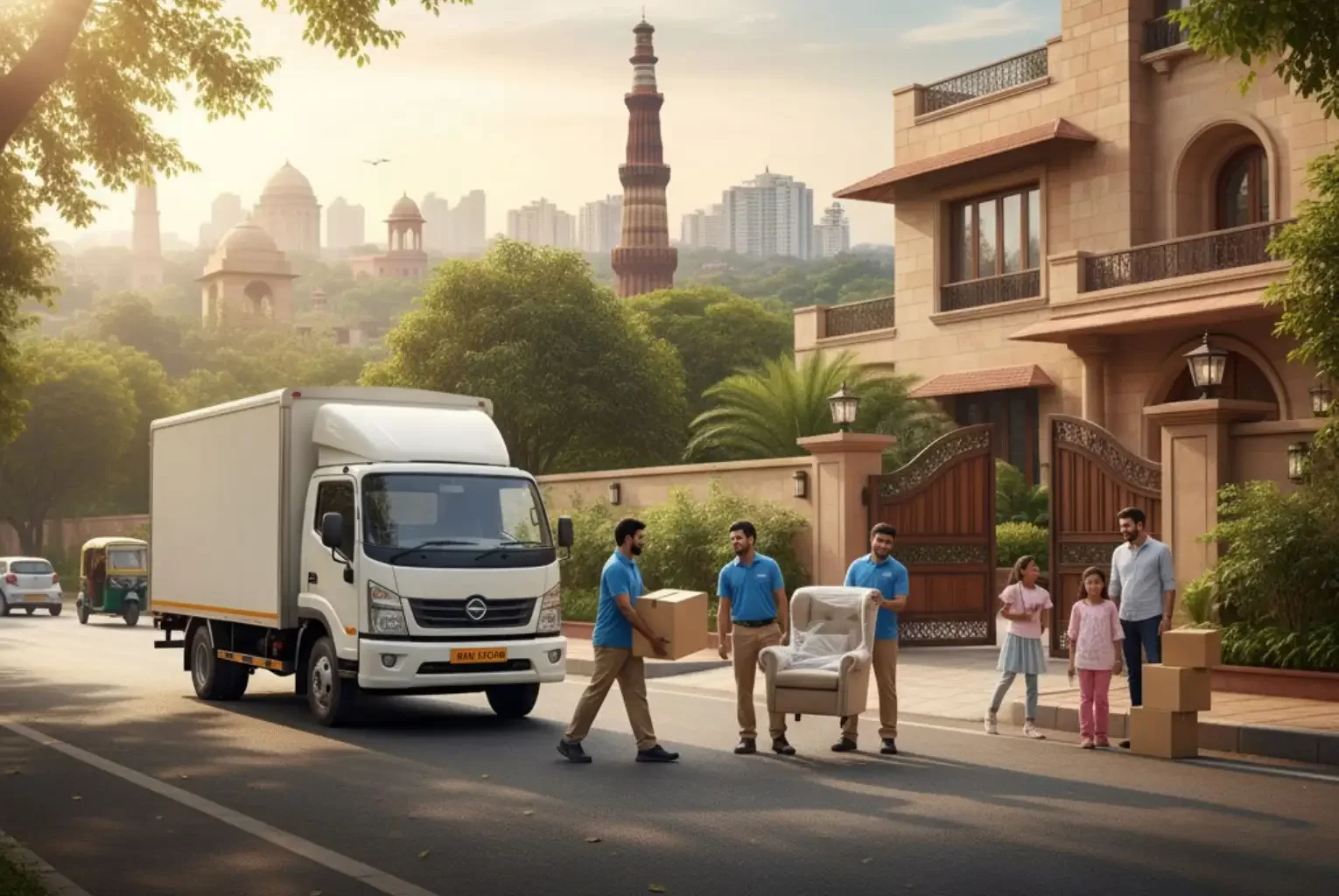 Professional movers unload a truck in a tree-lined Delhi street with a family watching, and iconic Delhi monuments like Qutub Minar in the background, symbolizing a smooth relocation.