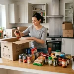 Woman packing kitchen food items into labeled moving boxes before relocation