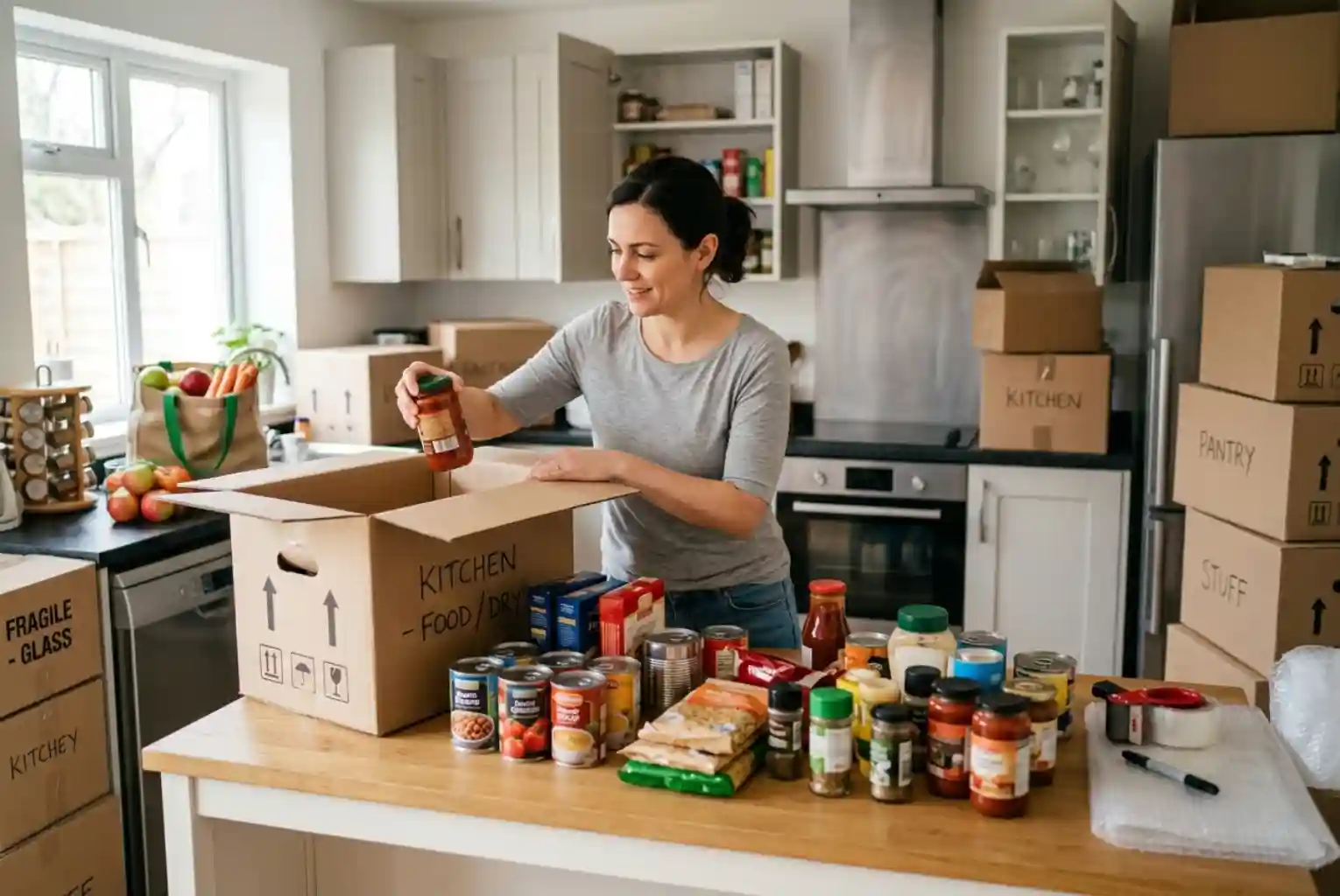 Woman packing kitchen food items into labeled moving boxes before relocation