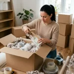 A woman carefully wrapping a delicate figurine in bubble wrap and securing it with tape over a moving box filled with protective packing paper.
