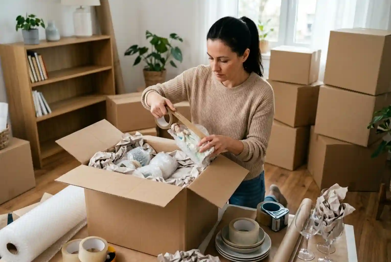 A woman carefully wrapping a delicate figurine in bubble wrap and securing it with tape over a moving box filled with protective packing paper.