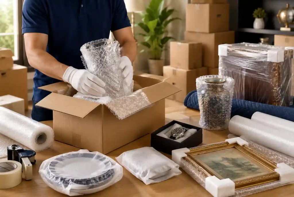 Professional mover carefully packing fragile glassware, artwork, and valuable household items using bubble wrap, foam protection, and sturdy moving boxes for safe relocation.