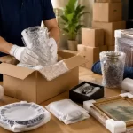 Professional mover carefully packing fragile glassware, artwork, and valuable household items using bubble wrap, foam protection, and sturdy moving boxes for safe relocation.