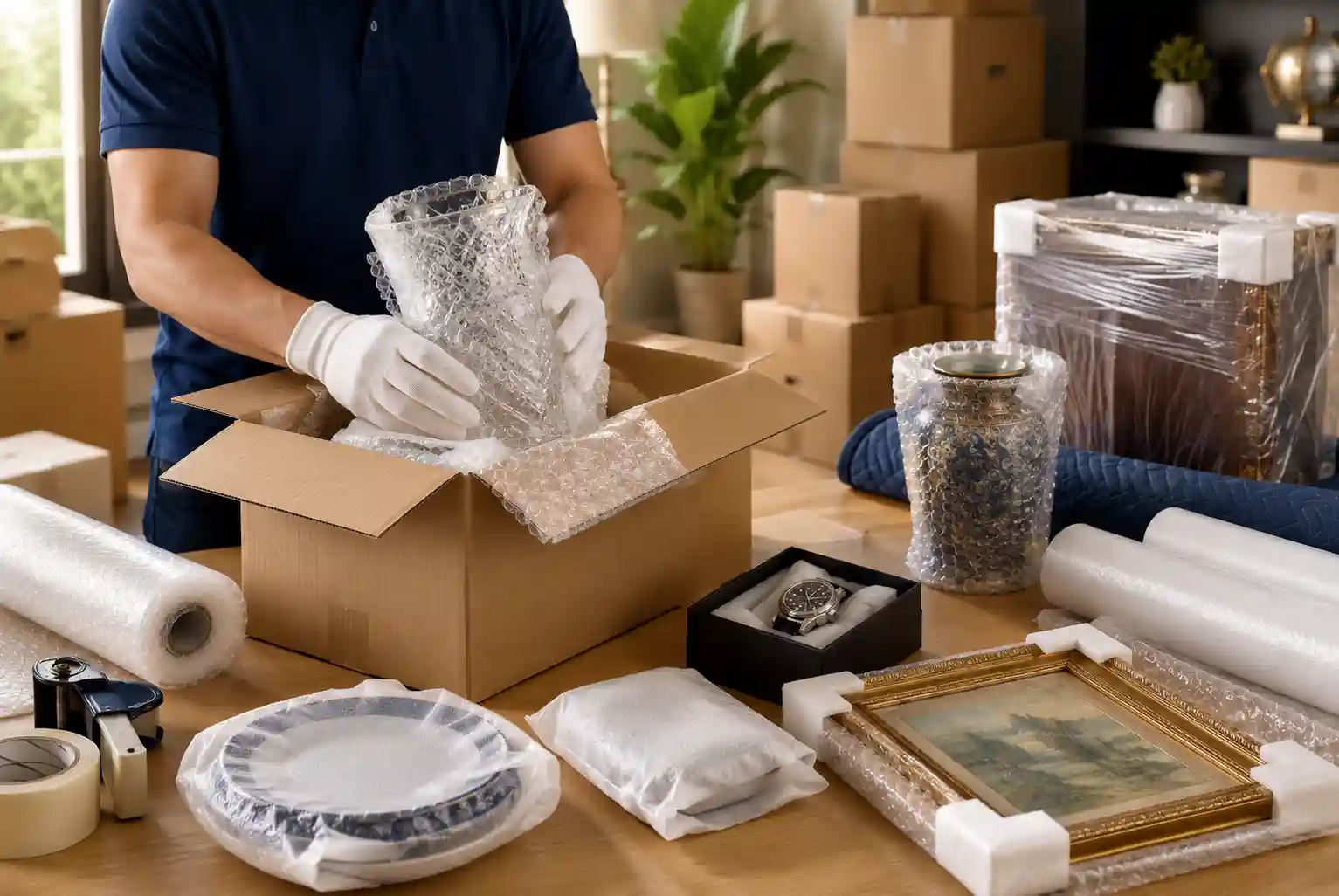 Professional mover carefully packing fragile glassware, artwork, and valuable household items using bubble wrap, foam protection, and sturdy moving boxes for safe relocation.