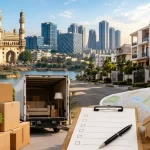 Moving truck, packed boxes, modern residential buildings, and Hyderabad city landmarks representing relocation, rental housing, and neighbourhood selection in Hyderabad.