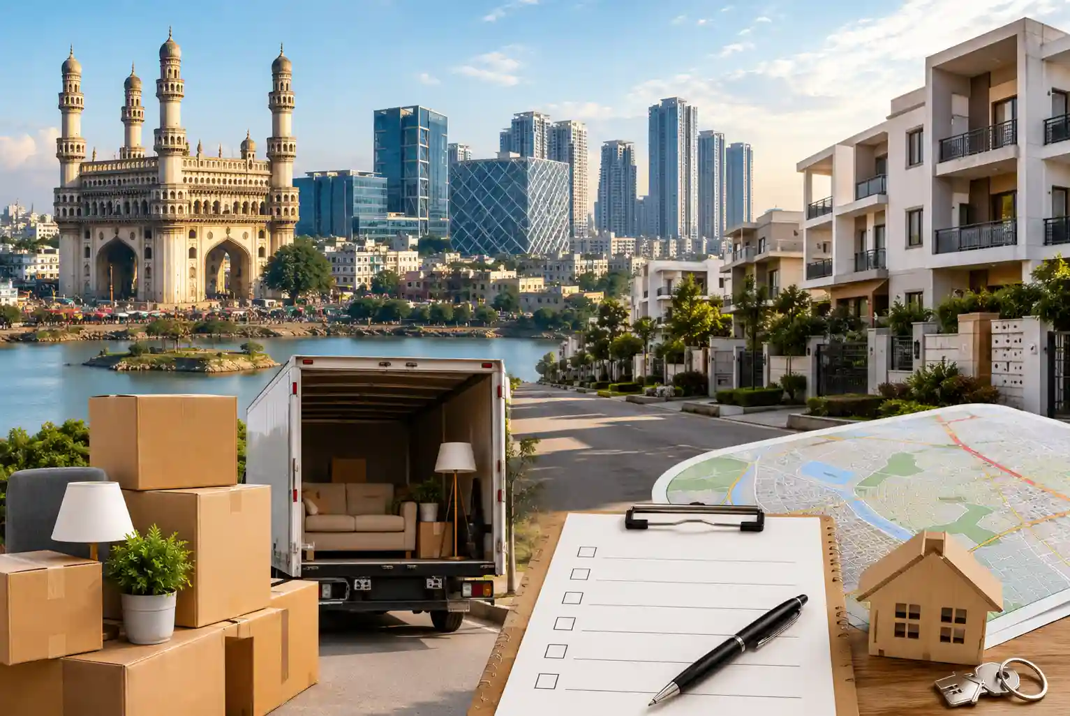Moving truck, packed boxes, modern residential buildings, and Hyderabad city landmarks representing relocation, rental housing, and neighbourhood selection in Hyderabad.