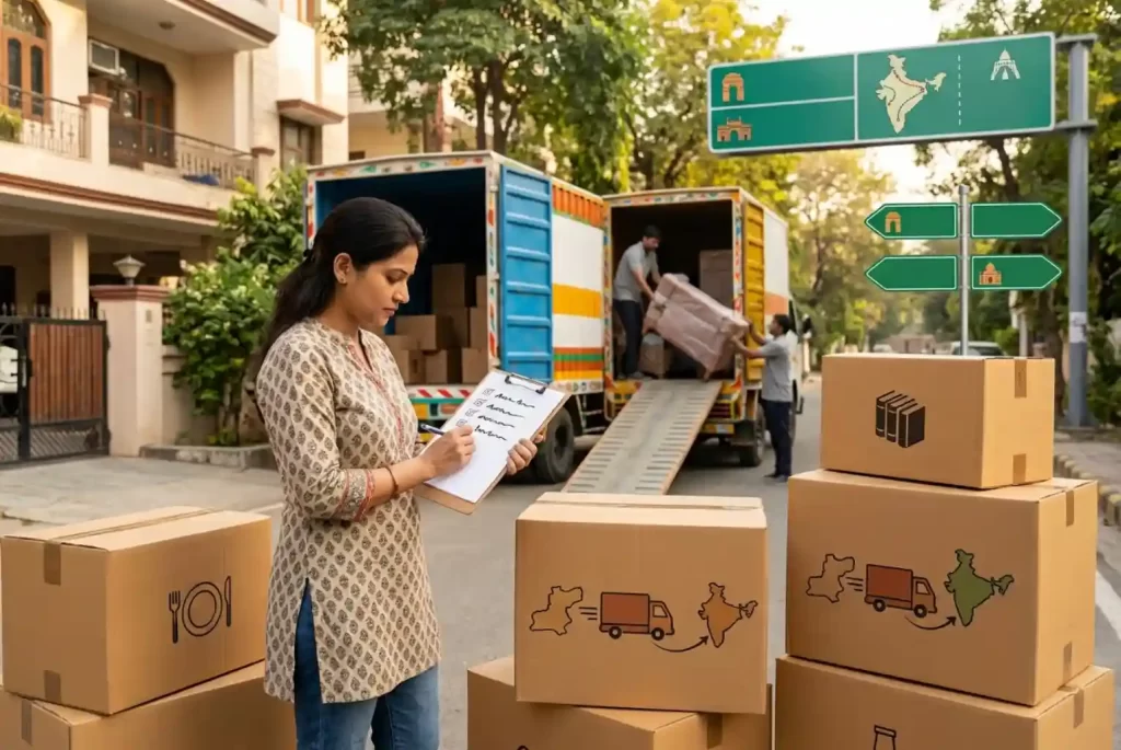An Indian woman reviewing a household moving checklist on a clipboard, standing next to packed cardboard boxes and a relocation truck being loaded.