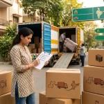 An Indian woman reviewing a household moving checklist on a clipboard, standing next to packed cardboard boxes and a relocation truck being loaded.