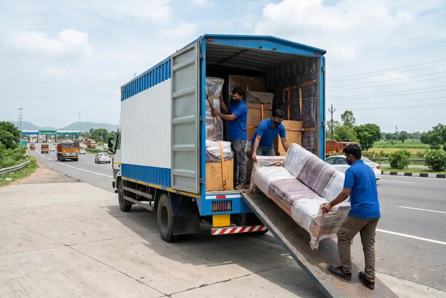 Movers loading a wrapped sofa into a truck for interstate household shifting on a highway