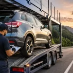 Car being loaded onto a professional vehicle transport carrier for interstate relocation along a scenic highway.