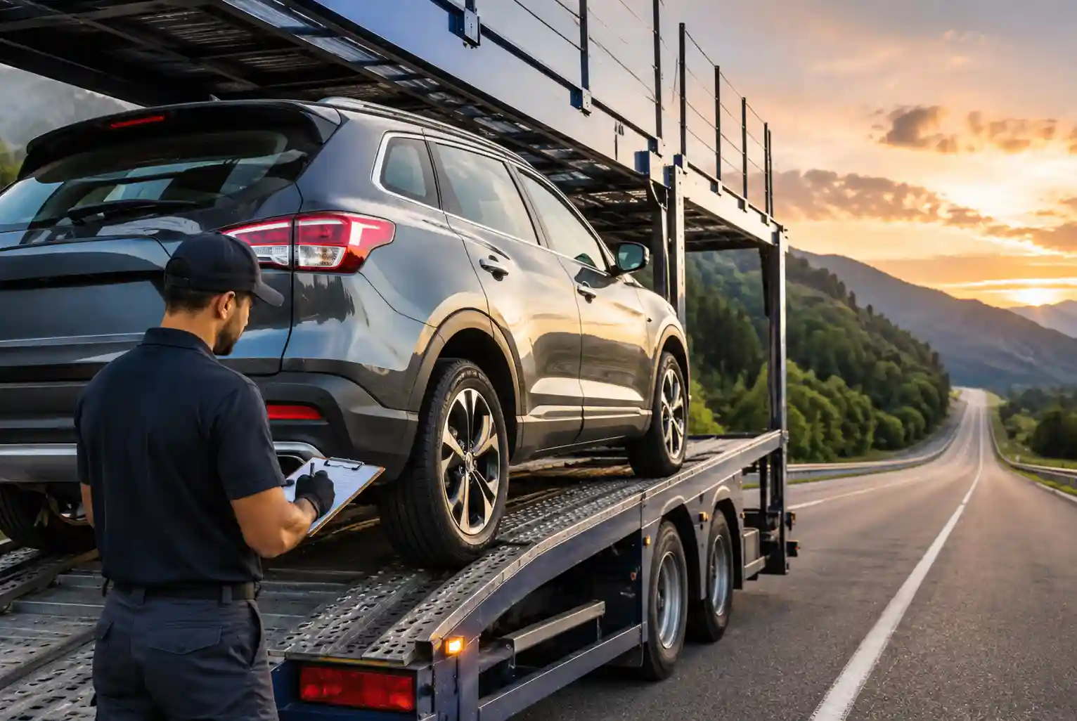 Car being loaded onto a professional vehicle transport carrier for interstate relocation along a scenic highway.