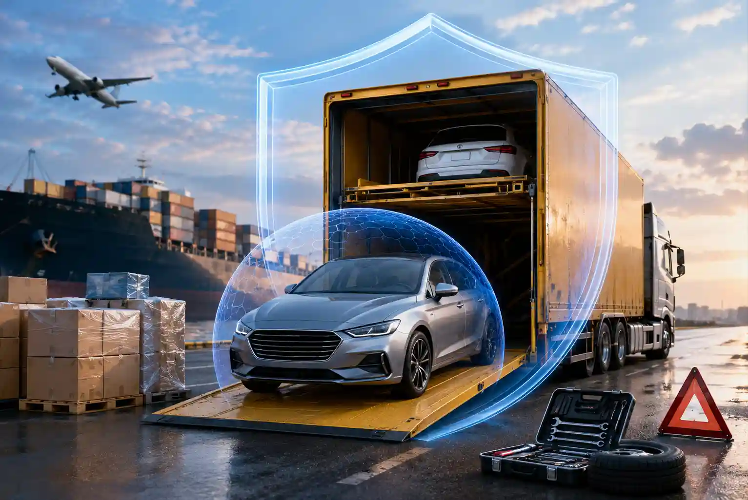 Vehicle being transported on a car carrier under a protective shield, representing vehicle transit insurance coverage in India.