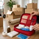Open first aid kit with bandages, gauze, gloves, scissors, and medical supplies placed among moving boxes during home relocation.
