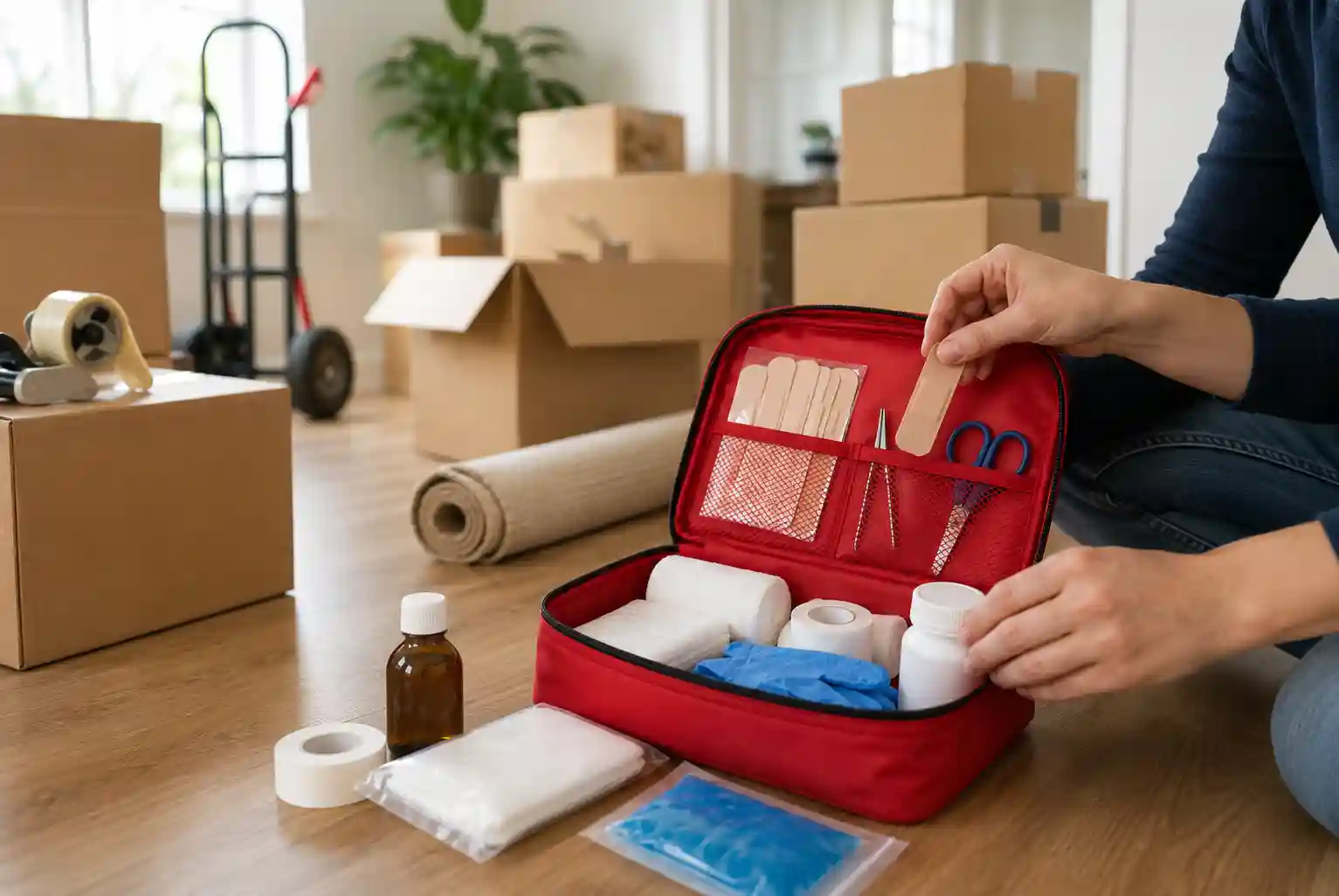 Open first aid kit with bandages, gauze, gloves, scissors, and medical supplies placed among moving boxes during home relocation.