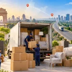 Delhi to Bangalore Packers and Movers Charges guide featuring professional movers loading household furniture and packing boxes into a moving truck for interstate relocation.