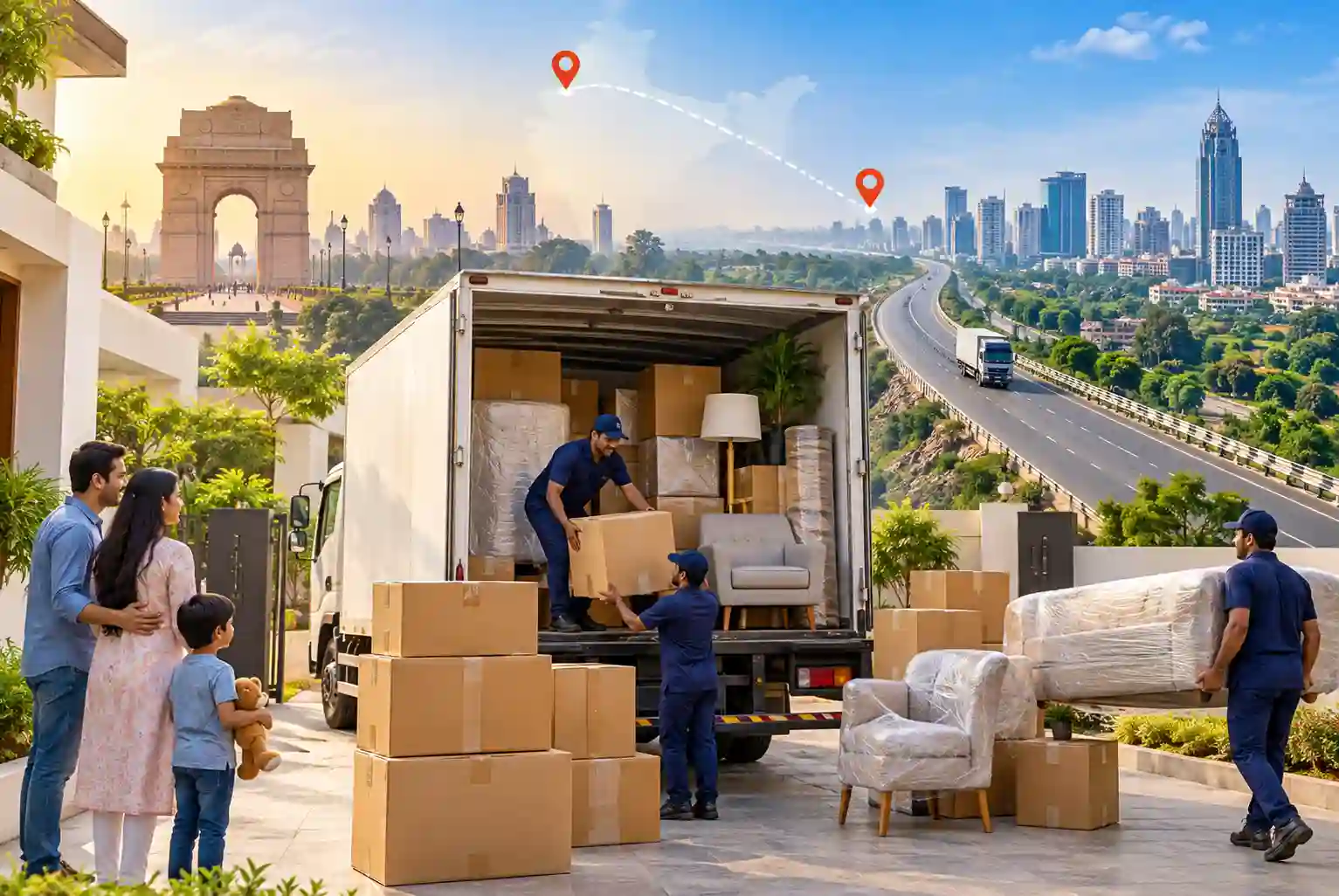 Delhi to Bangalore Packers and Movers Charges guide featuring professional movers loading household furniture and packing boxes into a moving truck for interstate relocation.