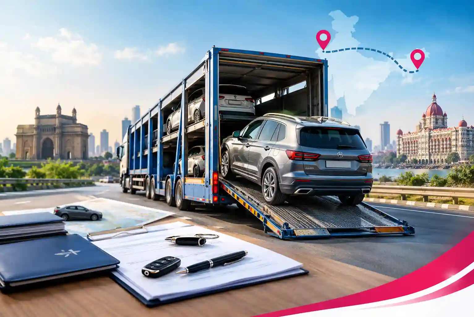Transport Your Car from one city to another in India using a professional car carrier, with documents and route planning.